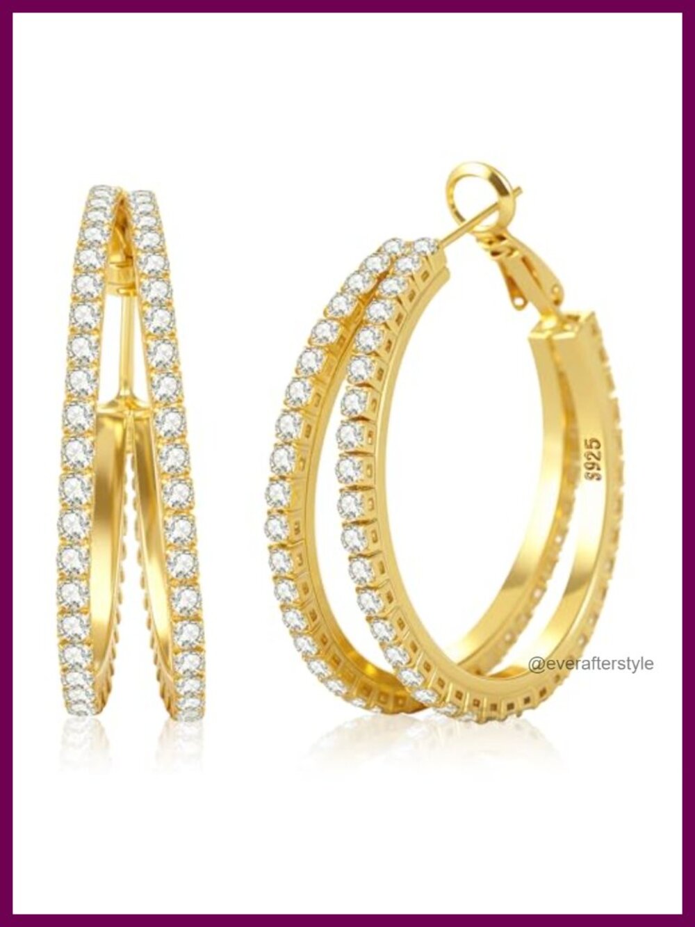 Double Sterling Silver Hoop Earrings With Cubic Zirconia, Hypoallergenic S925